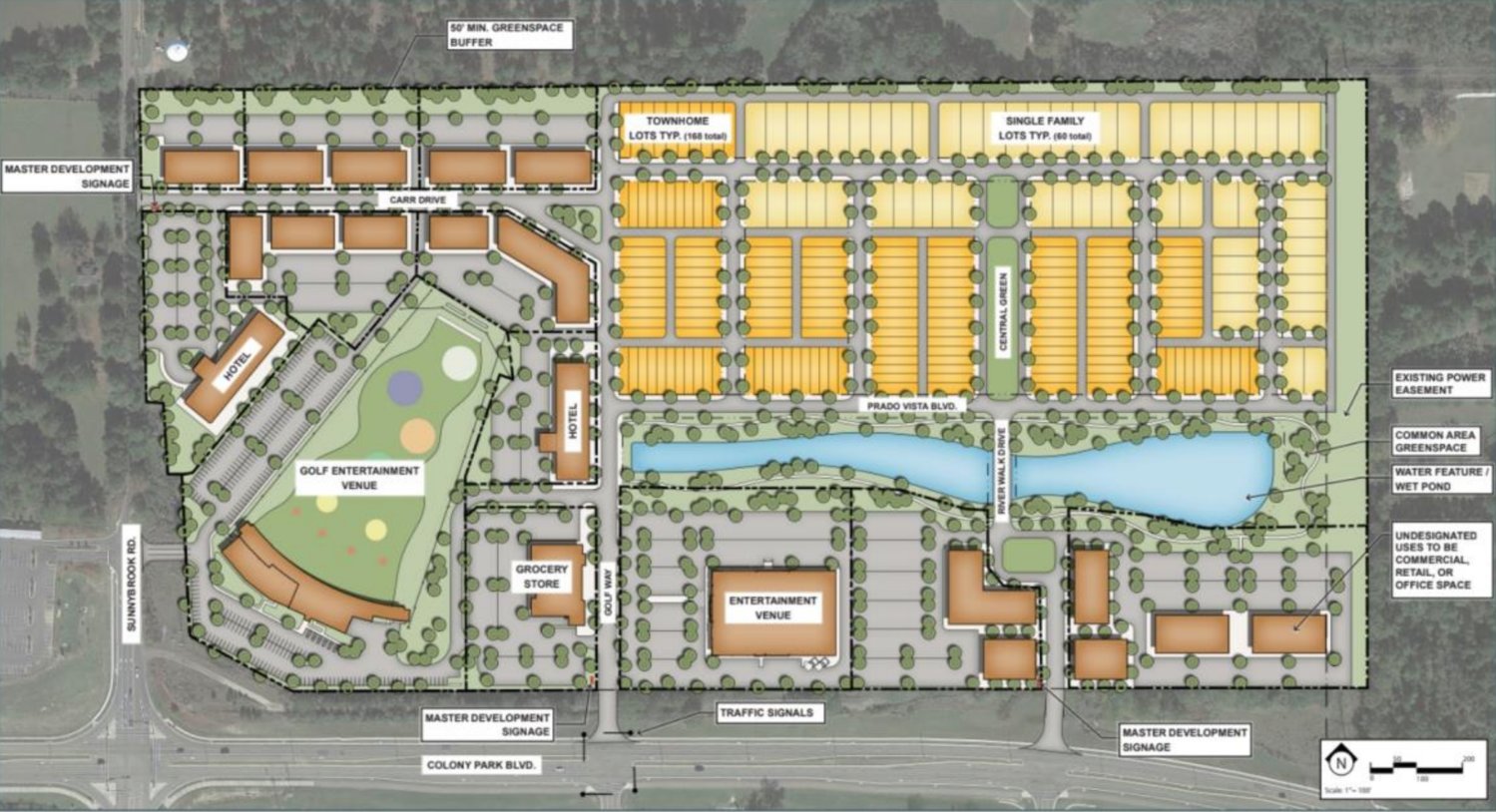A site plan for Prado Vista includes a golf entertainment venue, grocery store an, hotel and town homes.